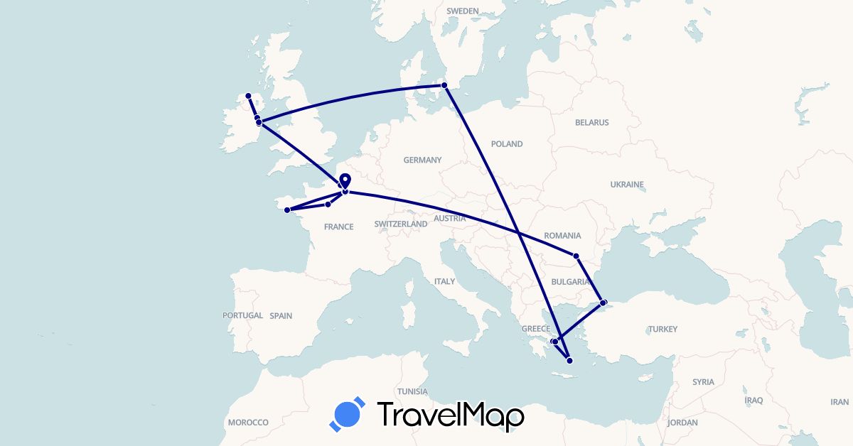 TravelMap itinerary: driving in Denmark, France, United Kingdom, Greece, Ireland, Romania, Turkey (Asia, Europe)